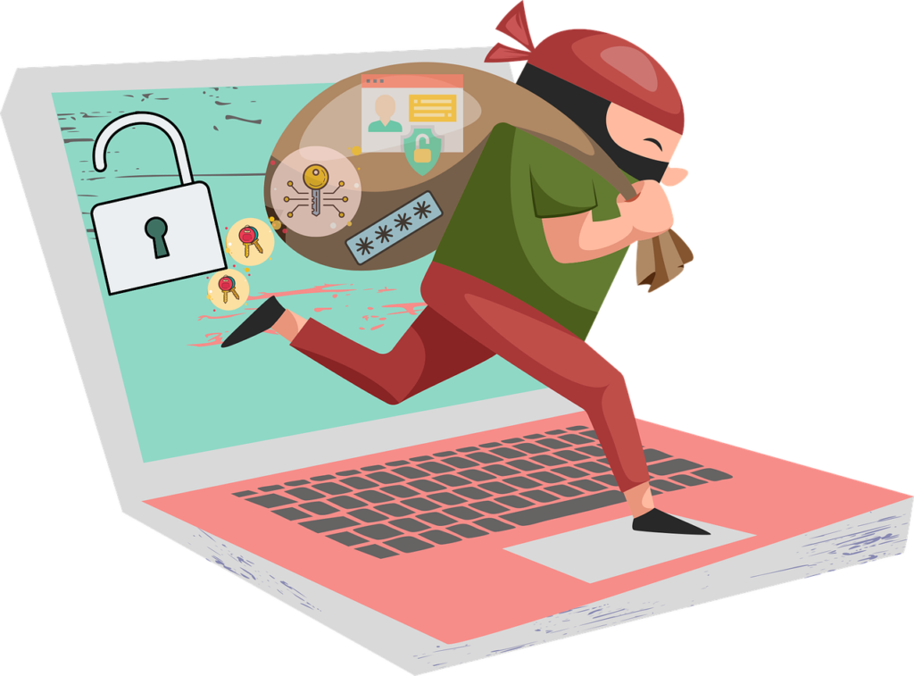 A hacker running off with a sack full of private data